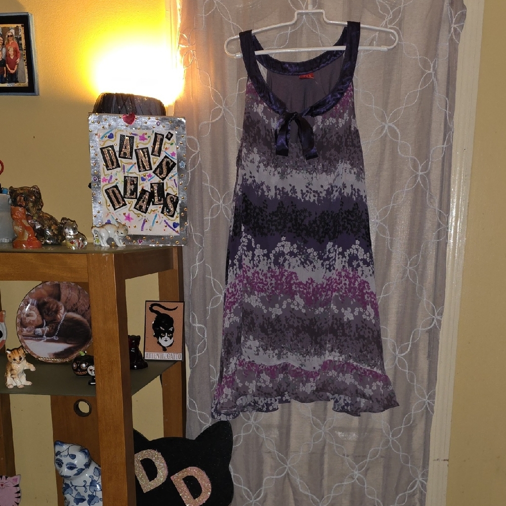 NWOT Elle Dress in Brown, Cream, Mauve With Satin Neckline & Bow In Front